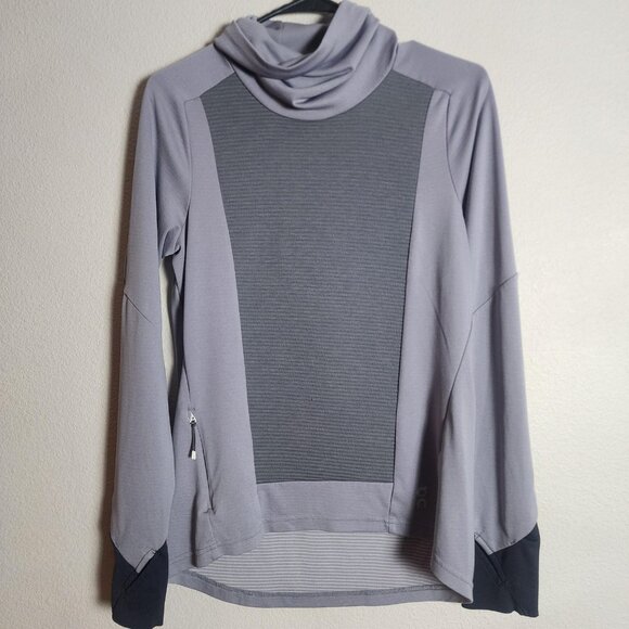 On Running Tops - On Running Weather Shirt Womens Medium Gray Black Cowl Neck Zip Pocket Pullover